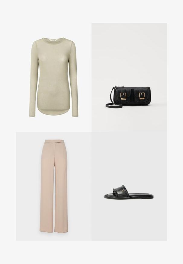 Helles beiges Langarmshirt mit rundem Ausschnitt und abgerundetem Saum. Hergestellt aus weichem, glattem Stoff mit minimalen Nähten und ohne Muster.; Beige weit geschnittene Hose aus leichtem Stoff. Sie verfügt über eine glatte Textur, Eingrifftaschen und ein dezentes Bunddesign.; Schwarze Ledersandale mit einem gewebten Riemen-Detail, flacher Sohle und schlankem Design. Glatte Textur und minimalistisches Profil.; Schwarze Leder-Umhängetasche mit zwei vorderen Taschen, goldenen Schnallen, Reißverschluss und einem schmalen Tragegurt. Texturierte Oberfläche und kompakte rechteckige Form.