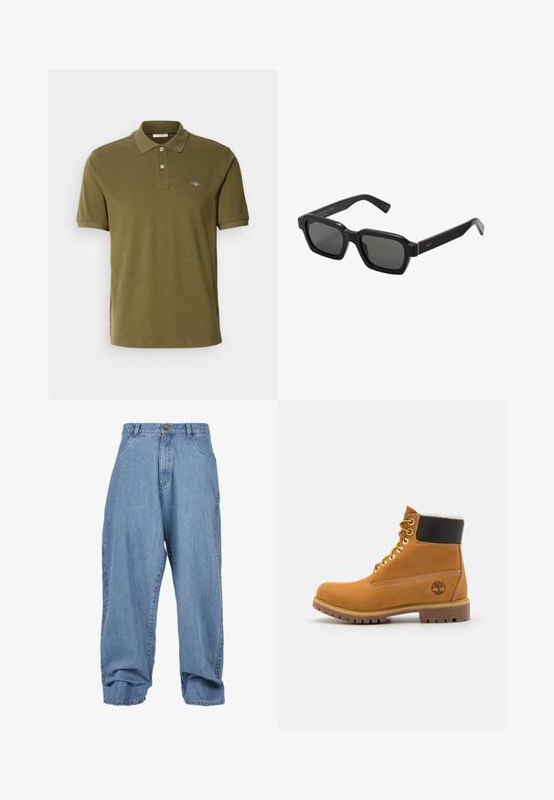 Maslinasto zelena polo majica napravljena od pamuka, s tri gumba na prednjem dijelu, kratkim rukavima i izvezom loga na lijevoj strani prsnog koša.; Svijetloplave traperice s opuštenim krojem, kopčanje na gumb, prednji džepovi i manžetna, s klasičnim dizajnom od pet džepova.; Smeđi kožni gležnjača sa metalnim okovima, bijelim krznom obloženim unutrašnjim dijelom, crnim podstavljenim okovratnikom, robusnom potplatom i utisnutim logoom na strani.; Crne, četvrtaste sunčane naočale s sivim lećama. Debeli plastični okviri imaju zlatne naglaske i brendiranje na sljepoočnicama. Glatka tekstura.