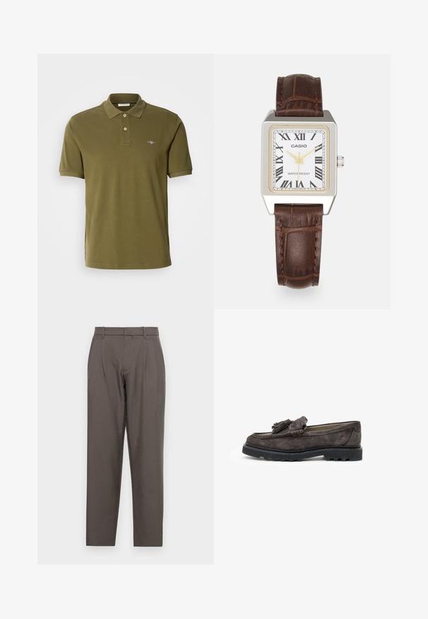 Olivgrünes Poloshirt aus Baumwolle mit einer Knopfleiste mit drei Knöpfen, kurzen Ärmeln und einem gestickten Logo auf der linken Brust.; Jack & Jones JPSTBILL JJDAYTONA WIDE - Stoffhose - pavement; Dunkelgraue Wildlederslipper mit einem Quastenelement an der Vorderseite, flacher Gummisohle und kontrastierenden Nähten entlang der Kante.; Rechteckige Casio-Uhr mit weißem Zifferblatt, goldenen Akzenten, römischen Ziffern und einem braunen Lederarmband im Krokodil-Muster. Wasserdichtes Design.; Silberne Creolen mit großen, runden, weißen Perlen. Das Design bietet eine glatte Textur und einen sicheren Verschluss zur Befestigung.