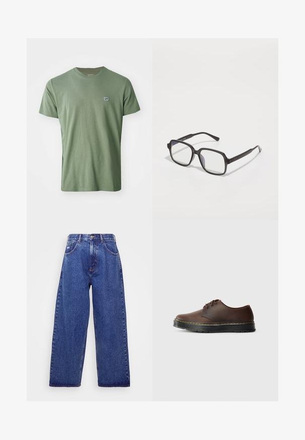 Lee PATCH LOGO TEE - T-shirt basic - olive stone; Jeans in denim blu a gamba larga con vita alta, dotati di cinque tasche, chiusura con bottone e leggere sfumature per un effetto tatto.; Scarpa in pelle marrone con lacci, punta arrotondata, suola in gomma nera e cuciture gialle lungo il bordo della suola.; Occhiali da vista rettangolari neri con lenti trasparenti, dotati di un ponte piatto e bracci sottili, che mostrano una texture in plastica liscia.