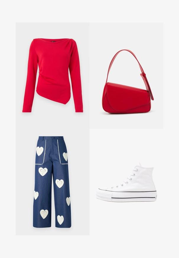 Rood top met lange mouwen, boothals, asymmetrische zoom en gedrapeerd schouderdetail, gemaakt van zacht stretchstof.; Sister Jane HEART TO HEART - Straight leg jeans - blue denim; Witte high-top canvas sneakers met een zwarte rubberen zool, een rubberen neuskap aan de voorkant en zes gaatjes voor veters, met een schone, minimalistische uitstraling.; Rode leren handtas met een hoekig, geometrisch ontwerp. Beschikt over een enkele verstelbare schouderriem en een klepclosure met gestikte details.