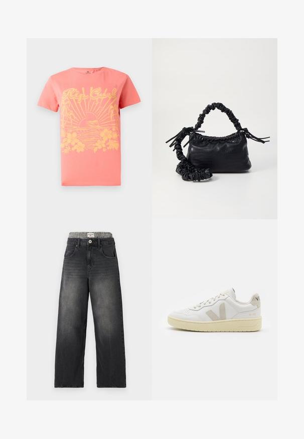 T-shirt a maniche corte color corallo con una grafica gialla che presenta sole, onde ed elementi floreali. Realizzato in cotone. Vestibilità classica.; Jeans neri in denim a gamba larga con una cintura a motivo houndstooth. Presentano tasche frontali e chiusura con bottone. Texture usurata.; Sneaker in pelle bianca con dettagli in suede beige, punta perforata, lacci piatti e suola testurizzata color crema. Presenta un logo discreto sul tallone.; Borsa a tracolla in ecopelle nera con texture a coccodrillo, apertura cinchata e tracolla arricciata. Si presenta con un design morbido e compatto.