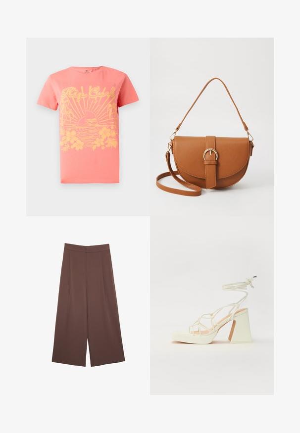 Koralfärgad t-shirt med kort ärm som har en gul grafisk design med sol, vågor och blommor. Tillverkad av bomull. Klassisk passform.; Bruna vida byxor med en slät textur, som har hög midja och framfickor. Tyget är lätt och flödar löst.; Vit högklackad sandal med en kraftig klack, med ett remdesign och ankelband. Slät textur med en plattform framtill för ökad höjd.; Brun läder crossbody-väska med en böjd form, gyllene detaljer och en spänneaccent. Har en avtagbar axelrem.