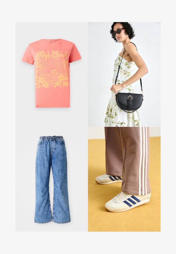 Koraalkleurig t-shirt met korte mouwen, featuring een gele grafische ontwerp met zon, golven en bloem elementen. Gemaakt van katoen. Klassieke pasvorm.; Lichtblauwe denim wijde broek met een elastische tailleband en een koord. Bevat dubbeldikte naden en een ruwe zoom. Geen zichtbare zakken.; Creatieve sneakers met blauwe suède strepen, witte veters en een rubberen zool. Gecombineerd met grijze trainingsbroeken met witte zijkanten.; Zwarte leren handtas met een gebogen vorm, afneembare schouderband en gouden hardware. De tas heeft een klep met een gespsluiting.