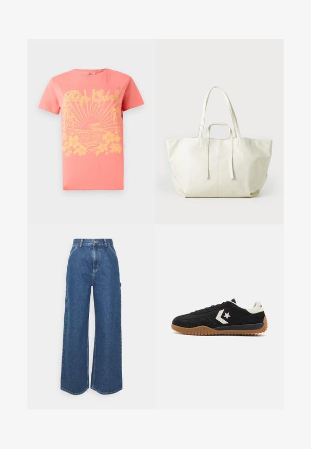 Korala majica kratkih rukava s žutim grafičkim dizajnom, koji uključuje sunce, valove i cvjetne elemente. Izrađena od pamuka. Klasičan kroj.; Široke plave traperice s visokim strukom, kontrastnim šavovima i bočnim džepovima, s klasičnim dizajnom s pet džepova i sirovim rubovima.; Crne suède tenisice s bijelom kožnom petom i logom, s teksturiranom gumenom potplatom i ravnim vezanjem.; Velika bijela torba od teksturiranog sintetičkog materijala, s dva dugačka remena, otvorenim vrhom i minimalističkim dizajnom.