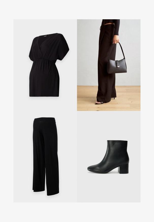 Černý krátký rukáv top vyrobený z elastického materiálu, s výstřihem do V a nařaseným elastickým pasem pro uvolněný střih. Jednoduchý design bez vzorů.; Černé kalhoty s širokými nohavicemi, elastickým pasem a hladkou, pružnou texturou. Mají jednoduchý design, bez vzorů nebo ozdob.; Černé kožené kotníkové boty s špičatou špičkou a robustním podpatkem. Hladký povrch s minimálními akcenty a elegantním, přiléhavým designem.; Černá kabelka se strukturovaným tvarem, hladkým povrchem a kovovým uzávěrem. Kombinována s širokými černými kalhotami a sandály s otevřenou špičkou na dřevěné podlaze.