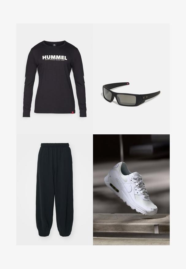 Juodas ilgomis rankovėmis marškinėliai, pagaminti iš medvilnės, su išryškintu baltu "HUMMEL" logo ir zigzagais ant rankovių.; Juodi, su elastiniu juosmeniu sportiniai kelnės su laisvu siluetu, suapvalintais kulkšnimis, lygia tekstūra ir be matomų raštų ar metalinių akcentų.; Baltos Nike Air Max 90 sportbačiai su.comi ir odos viršumi, perforuota pirštų dėžute ir matomu oro pagalvėle kulne.; Juodi akiniai saulės su matinio paviršiaus užbaigimu, stačiakampiai lęšiai, švelnus lenkimas ant šventyklų, subtilus logotipo detalizavimas ir dūminiai lęšiai.