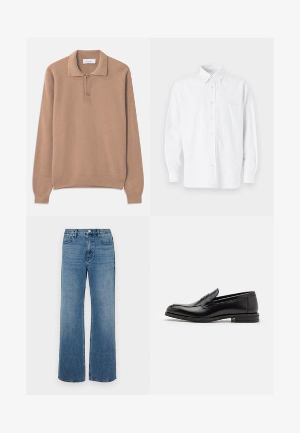 Beige ribatud kudum pikkade varrukatega, polo kaelusega ja kahe nööbiga nööpauk. Pehme tekstuur ja sirge ääreline.; Valge nööpidega särk kraega, millel on peened vertikaalsed triibud, pikad varrukad, rinnatasku ja klassikaline ümar serv.; Laiad sinised teksad, mis on valmistatud denimist ja millel on kulunud viimistlus. Omab viit taskut, ees nööpidega kinnitust ja sirget lõiget.; Mustad mustad nahast loafers sileda tekstuuriga, ümarat ninaosa ja dekoratiivne riba vampi üle. Madal kihiline konts, minimalistlik disain.