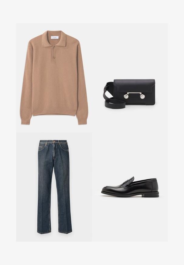 Beige ribba knit sweateri, jossa on pitkät hihat, polo-kaulus ja kaksi nappia avaukseen. Pehmeä rakenne ja suora helma.; Tummansiniset suorat farkut, joissa on edessä nappi, vetoketju, tuplakoteloita ja näkyvät pystysaumat lahkeissa.; Mustat nahkakengät, joissa on sileä pinta, pyöreä kärki ja koristeellinen nauha jalkapöydän yli. Matala pinoitu koroke, minimalistinen muotoilu.; Mustan nahkainen olkalaukku, jossa on läppäkiinnitys, hopeanväriset yksityiskohdat ja kaksi pyöreää koristetta. Varustettu irrotettavalla hihnalla. Sileä pinta.