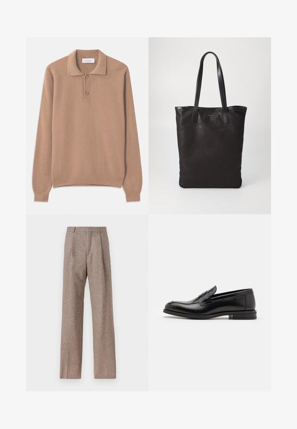 Beige gerippter Strickpullover mit langen Ärmeln, einem Polokragen und zwei Knöpfen an der Knopfleiste. Weiche Textur und gerader Saum.; Braune, hochtaillierte Hose aus strukturiertem Stoff. Mit weitem Bein und zwei vorderen Bügelfalten für zusätzliche Form. Saubere Verarbeitung ohne sichtbare Hardware.; Schwarze Lederloafers mit glatter Textur, rundem Zehenbereich und einem dekorativen Riemen über dem Vorderfuß. Niedriger, gestapelter Absatz, minimalistisches Design.; Schwarze Stofftote mit schwarzen Ledergriffen. Einfaches Design, geräumiger Körper und glatte Textur. Keine sichtbaren Logos oder Muster.
