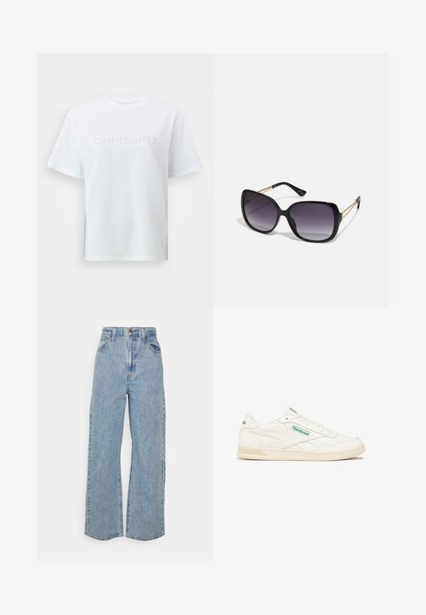 White cotton t-shirt with a crew neckline and short sleeves, featuring a light gray "carhartt" text logo across the chest.; Light blue wide-leg denim jeans with high waist, front button, zipper closure, and five-pocket design on plain background.; Reebok Classic NON COURT ADVANCE - Trainers - chalk dark green flash red; Black oversized sunglasses with gradient lenses, thick frames, and gold-tone chain detailing on the temple arms.
