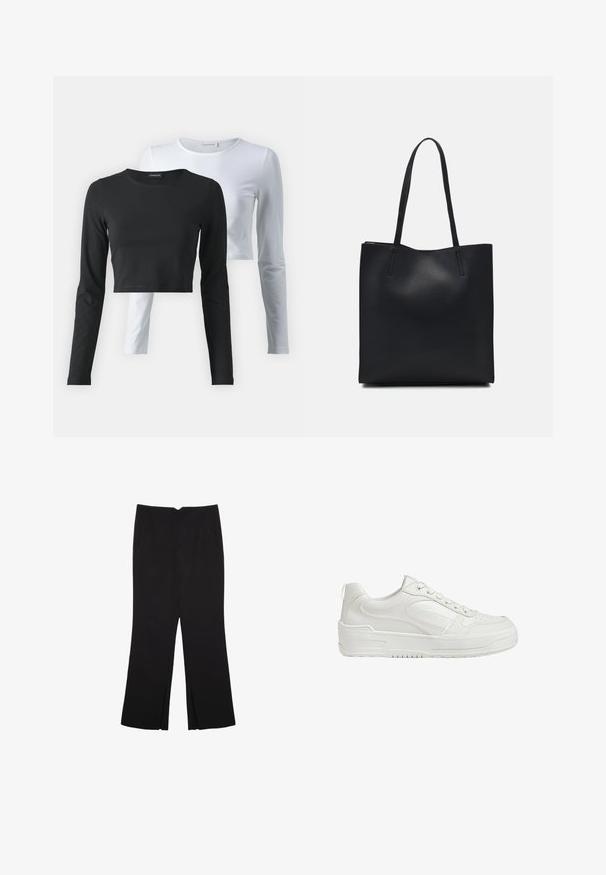 Zwei Langarm-T-Shirts, eines schwarz und eines weiß, aus weichem Baumwollstoff, mit Rundhalsausschnitten und cropped Design.; Schwarze Hose mit geradem Schnitt, ausgestattet mit Fronttaschen und Seitenschlitzen am Saum. Hergestellt aus weichem, glattem Stoff. Geeignet für verschiedene Anlässe.; Weiße Leder-Sneaker mit glatter Textur, gepolstertem Knöchel und durchlöchertem Zehenbereich. Verfügt über eine leicht erhobene Gummisohle und Schnürdesign.; Schwarze Laptoptasche aus Leder mit glatter Textur, rechteckiger Form und zwei langen Griffen. Keine sichtbaren Beschläge oder Verzierungen.