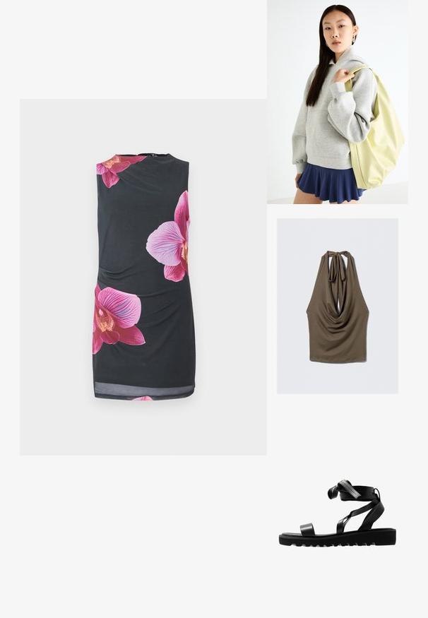 Top senza maniche marrone con una parte frontale drappeggiata, chiusura al collo con nodo e tessuto liscio ed elasticizzato; presenta un orlo arrotondato con una vestibilità rilassata.; Abito nero senza maniche con grandi stampe di orchidee rosa, texture liscia, design aderente con dettagli arricciati sul lato, lunghezza al ginocchio.; Sandali neri con suola testurizzata, dotati di sottili cinturini e un design annodato. Realizzati in materiale elegante, forma moderna e punta aperta.; Felpa grigia oversize con tasca a marsupio, abbinata a una gonna svasata blu navy. Accessorio: grande zaino giallo chiaro, di texture liscia.