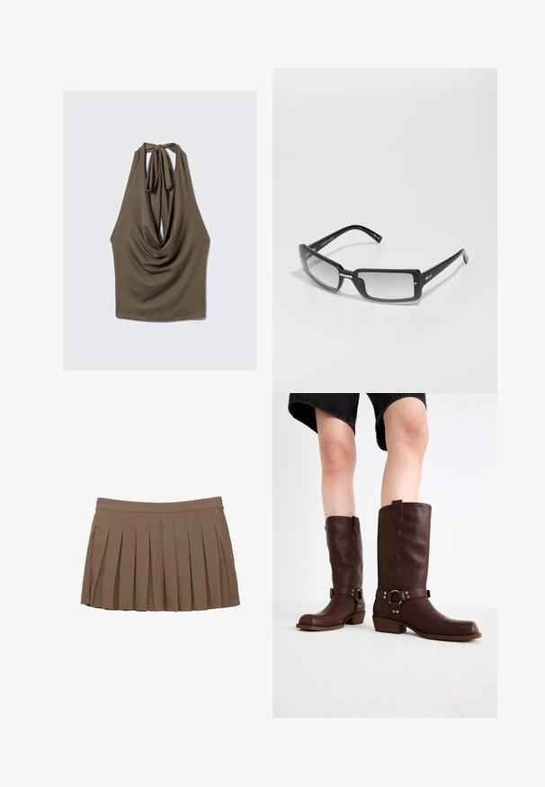 Hnedý bezrukávový top s drapovaným predným dielom, s viazaním na krku a hladkým, elastickým materiálom; má zaoblený lem a voľný strih.; Hnedá plisovaná mini sukňa s pásom a jemným detailom loga na bočnej strane na bielom pozadí.; Hnedé kožené vysoké čižmy s okrúhlou špičkou, štruktúrovaným povrchom, opaskom okolo členka a detailmi zo strieborného kovu; s vysokým podpätkom.; Čierne obdĺžnikové slnečné okuliare s gradientovými sklami, s hrubým rámom a kovovými dekoratívnymi detailmi na ramenách. Hladký povrch po celom obvode.; Priehľadná plastová taška s dvomi priesvitnými rúčkami, ktorá má na prednej strane deväť kruhových kovových akcentov usporiadaných do mriežky.