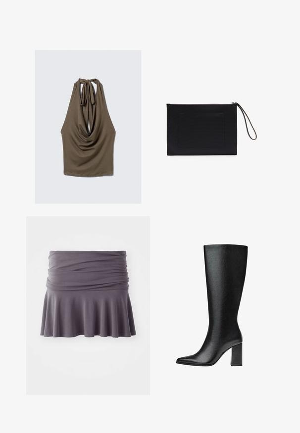 Brown sleeveless top with a draped front, tied neck closure, and smooth, stretchy fabric; features rounded hem with a relaxed fit.; Gray, knee-length skirt made of soft fabric with a gathered waist and flared hem. Features smooth texture and simple design.; Black knee-high boot made of faux leather with a pointed toe, smooth texture, and a chunky block heel. Minimalist design with no visible accents.; Black clutch bag made from textured fabric with a rectangular shape, featuring a zip closure and a wrist strap. Includes a front pocket.