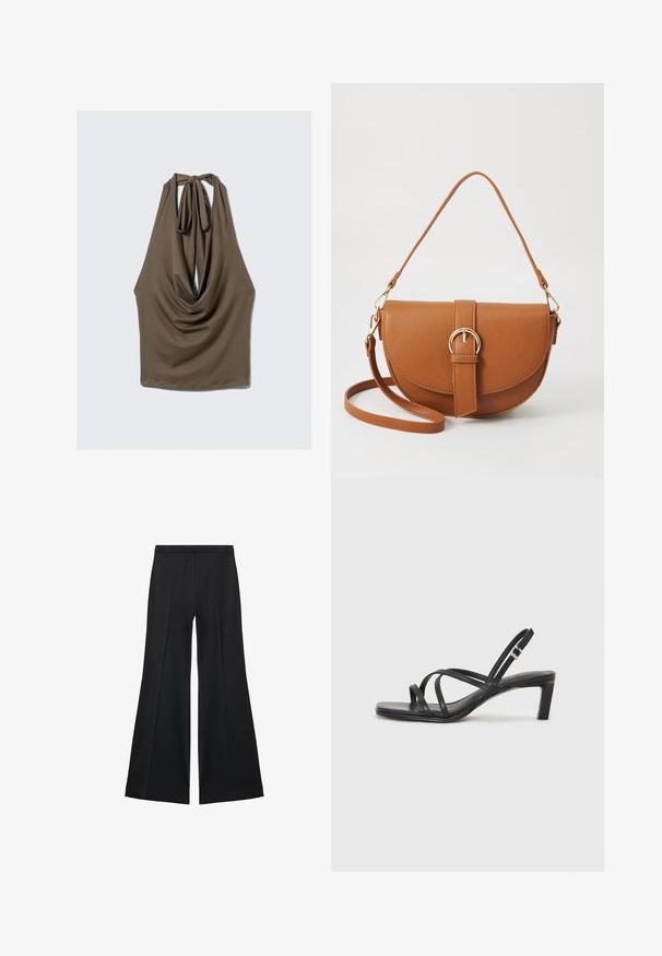 Haut sans manches marron avec un devant drapé, fermeture à nouer au cou et tissu lisse et extensible ; présente un ourlet arrondi avec une coupe décontractée.; Pantalons larges noirs avec une texture lisse, présentant des plis sur le devant et un design ajusté. Le tissu est léger et fluide.; Sandale noire à lanières avec un bout carré et un petit talon bloc. Elle présente plusieurs fines lanières et une sangle de cheville ajustable. Fabriquée en cuir lisse.; Sac bandoulière en cuir marron avec une forme incurvée, quincaillerie dorée et un accent en boucle. Comprend une bandoulière détachable.