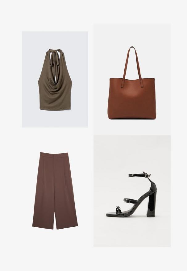 Brauner ärmelloser Oberteil mit drapiertem Vorderteil, gebundenem Halsverschluss und glattem, elastischem Stoff; verfügt über einen abgerundeten Saum und eine lockere Passform.; Braune Weite-Leg-Hosen mit einer glatten Textur, hoher Taille und Vorderfalten. Der Stoff ist leicht und fällt locker.; Schwarze patentierte Sandalen mit Absatz, quadratischer Spitze, Knöchelriemen und silbernen Schnallen. Mit einem stabilen Blockabsatz für mehr Stabilität.; Braune Leder-Tote mit glatter Textur, offenem Oberteil und zwei Schulterriemen. Verfügt über minimale Nähte und keine sichtbaren Beschläge.