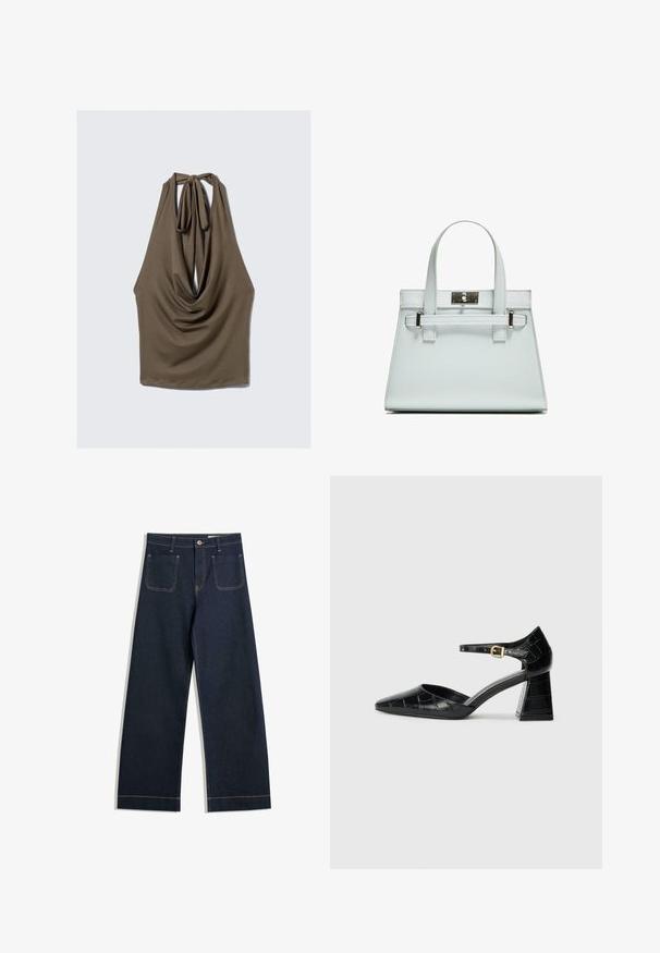 Smeđa bez rukava majica s drapiranim prednjim dijelom, vezanjem oko vrata i glatkim, rastezljivim materijalom; ima zaobljeni rub i opuštenu siluetu.; Tamno plave široke traperice od denima s kontrastnim svijetlosmešavim šavovima, dva stražnja džepa i zatvaranjem na gumba u struku.; Crna lakirana visoka potpetica s izoštrenim prstom, remenom oko gležnja i teksturiranom krokodilskom šablonom. Dizajn kvadratne blok potpetice.; Svijetloplavi ručni kovčeg sa strukturiranim dizajnom, dva držača i kopčom od srebrnastog metala. Teksturirani materijal i oštri kutovi.