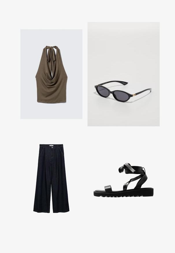 Brunærmet top med draperet front, knyttet halslukning og glat, strækbart stof; har buet kant og en afslappet pasform.; Mørk denim bredbenede bukser med høj talje, der har en frontlukning med knap, to sidelommer og syningsdetaljer.; Sorte sandaler med en tekstureret sål, der har slanke stropper og et knyttet design. Fremstillet af et glat materiale, moderne form og åben tå.; Sorte solbriller med ovale linser, mørk gradienttint og slanke arme med diskrete guldkant. Glat plastikfinish.; Grå oversized hoodie med en kængurulomme, parret med en marineblå flared nederdel. Accessory: stor lys gul rygsæk med en glat tekstur.