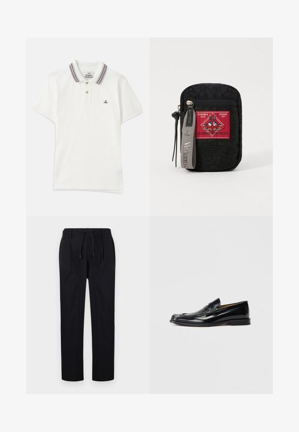 Bílá polo košile vyrobená z bavlny, s dvouknoflíkovým zapínáním, límcem s fialovými a černými pruhy a malým vyšitým logem na hrudi.; Černé kalhoty z hladkého materiálu, s pasem na šňůrku, rovnými nohavicemi a předními záhyby pro strukturovaný vzhled.; Černé kožené mokasíny s hladkým povrchem, zaoblenou špičkou, dekorativním stehem a nízkým vrstveným podpatkem. Bez viditelného označení.; Černý sáček s texturovanou tkaninou, se červeným nášivkou s logem, zipovým uzavřením a šedým popruhem s embosovaným názvem značky.