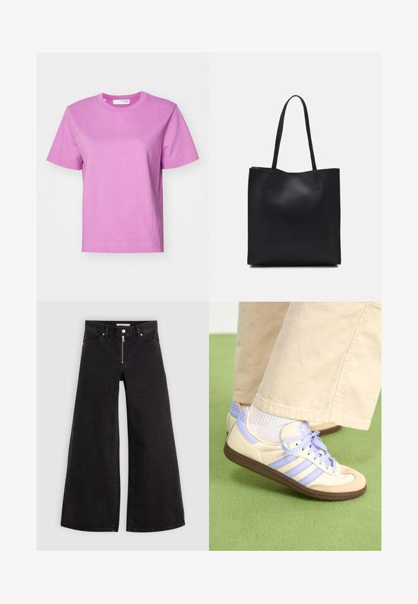 Tricou cu mânecă scurtă și decolteu rotund, de culoare roz deschis solid, fabricat din bumbac, cu o textură netedă și o croielă dreaptă. Design simplu, fără accente suplimentare.; Jeans cu picioare largi din denim negru, cu fermoar în față, design cu cinci buzunare și detalii subtile de cusătură. Textură netedă și stil casual.; Adidași crem și lavandă cu trei dungi și o talpă texturată maro, având șireturi și un călcâi căptușit. Superior din material moale.; Geantă tote neagră din piele, cu textură netedă, formă rectangulară și două mânere lungi. Fără hardware vizibil sau ornamente.