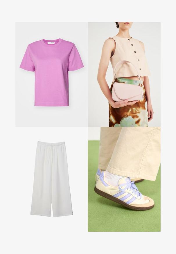 Tričko s krátkým rukávem a kulatým výstřihem v jednotné světle růžové barvě, vyrobené z bavlny, s hladkou texturou a přímým střihem. Jednoduchý design, bez dalších akcentů.; Bílé kalhoty s širokými nohavicemi vyrobené z lehké tkaniny, s elastickým pasem a stahovací šňůrkou pro nastavitelnou velikost. Hladká textura.; Krémové a levandulové tenisky se třemi pruhy a texturovanou hnědou podrážkou, vybavené tkaničkami a polstrovanou patou. Měkký textilní svršek.; Růžová kožená kabelka s zakřiveným klopou, jedním ramenním popruhem a čistými liniemi. Taška má hladkou texturu a minimalistický design.