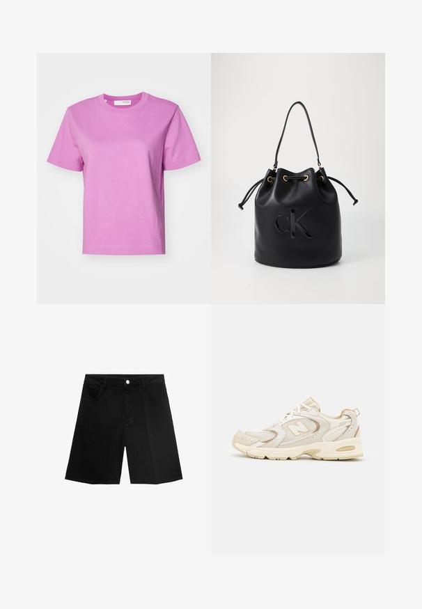 Kortärmad T-shirt med rund halsringning i solid ljusrosa, tillverkad av bomull, med en jämn textur och rak passform. Enkelt mönster, inga ytterligare detaljer.; Svarta denimshorts med rak skärning, fem fickor och knäppning med silverfärgad knapp. Slät textur med minimala sömdetaljer.; Beige atletiska skor med nät och syntetiska överlägg, med en texturerad yta, vadderad krage och "ABZORB" dämpning vid hälen.; Svart läder bucket bag med dragsko-stängning, prydd med en glänsande "CK"-logotyp på framsidan och detaljer i guld-ton.