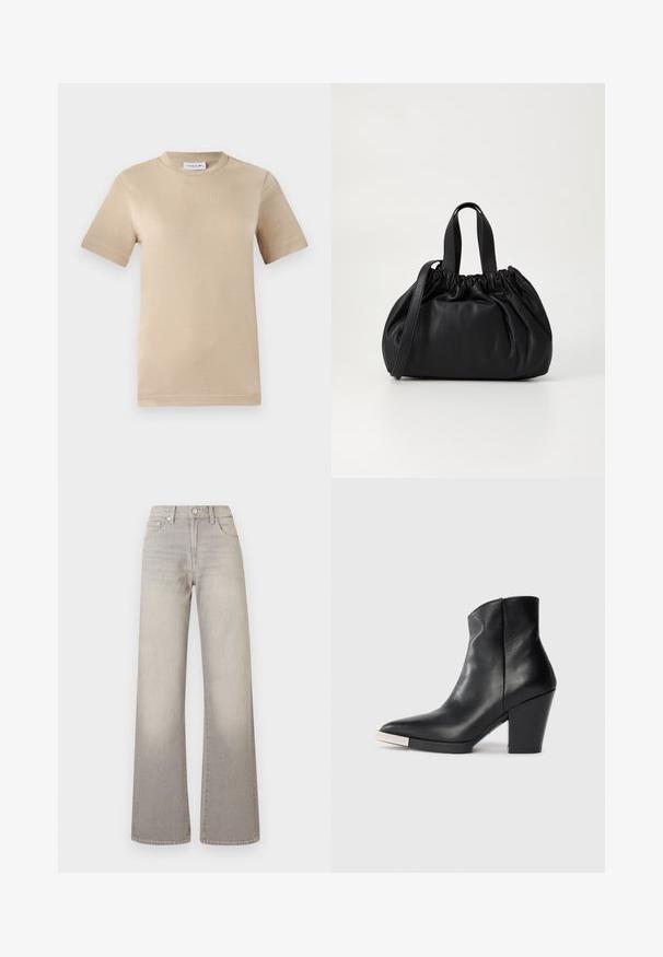 Beige cotton t-shirt, short sleeves, crew neck, featuring embossed "LACOSTE" logo on chest, smooth texture, and standard fit.; Gray wide-leg jeans with a faded finish, button closure, five-pocket design, and stitched detailing along the seams.; Black leather ankle boot with a pointed toe, high block heel, and silver toe cap detail. Smooth texture and simple design.; Black leather handbag with a gathered top design, featuring two short handles and a long adjustable strap. Smooth texture, rounded shape.