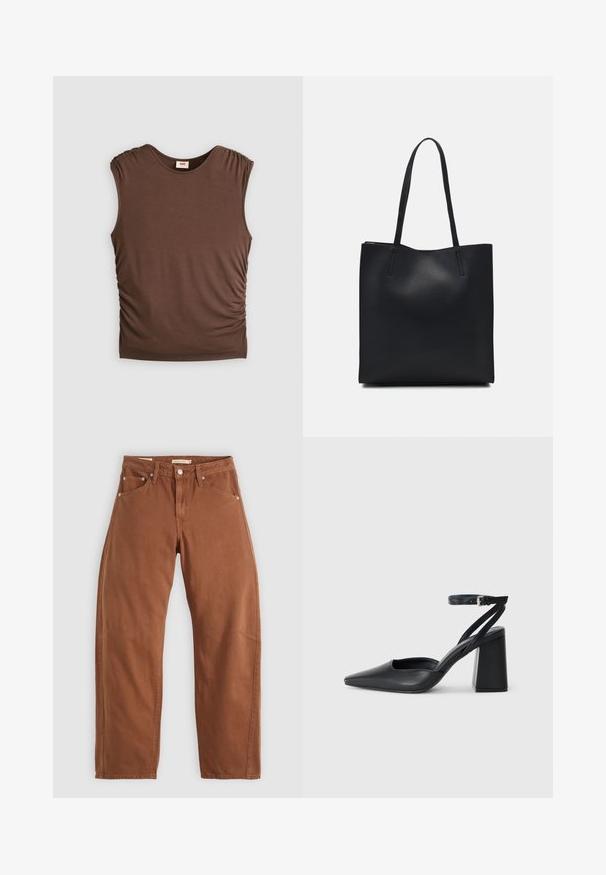 Top castanho sem mangas, feito de um tecido suave, com ombros franzidos e detalhes franzidos nas laterais, gola sem costura e silhueta ajustada.; Calças de ganga retas em tom de ferrugem com bolsos frontais e traseiros, rebites metálicos, fecho de botão e passadores de cinto, dispostas em plano sobre um fundo branco.; Sandal com biqueira afilada em couro preto, com cinta no tornozelo e salto grosso. Textura lisa, design elegante e estética minimalista.; Bolsa tote preta em couro com textura lisa, forma retangular e duas alças longas. Sem hardware ou enfeites visíveis.