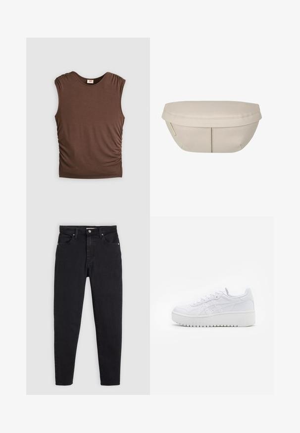 Brązowy bezrękawnik wykonany z miękkiego materiału, z bufiastymi ramionami i marszczeniami po bokach, bezszwowy dekolt oraz dopasowany krój.; Czarne dopasowane dżinsy z zapięciem na guzik i zamek, pięć kieszeni i szlufki na pasek na jasnoszarym tle.; Białe sneakersy na platformie o gładkiej skórzanej fakturze, z perforowanymi detalami i płaskimi sznurowadłami; mają grube białe gumowe podeszwy.; Beżowa torba o zaokrąglonym kształcie, z płaskim wierzchem i subtelnymi szwami. Zawiera minimalistyczne logo oraz boczny pasek.