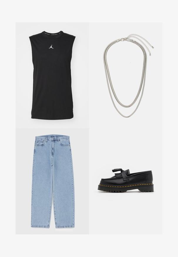Black sleeveless shirt made of cotton, featuring a round neckline and a white Jumpman logo at the center. Smooth texture, regular fit.; Light blue denim jeans with straight leg design, featuring a mid-rise waist, five pockets, and a button and zipper closure.; Black leather loafer with a tasseled accent, featuring a chunky black sole and yellow stitching along the edge. Textured finish.; Three-layered silver metal necklace featuring sleek, flexible chains with a slight sheen, secured with a lobster clasp and adjustable chain.