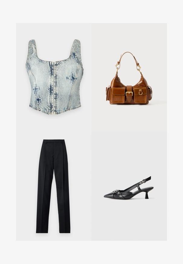 Denim crop top i ljusblått med fyrkantig halsringning, tjocka axelband, dragkedjeförslutning framtill och dekorativ sömnad i ett korsmönster.; Svarta byxor i mjukt tyg med hög midja, vida ben, framfickor och klassiska bältesöglor. Inga sidofickor synliga.; Svart lädersko med slingback-design, spetsig tå, dekorativa remmar med metallöglor och en låg klack. Texturerad yta.; Brun läderhandväska med en rundad form, dubbla detaljer i gyllene ton, två framfickor och ett brett band. Slät textur med en elegant finish.