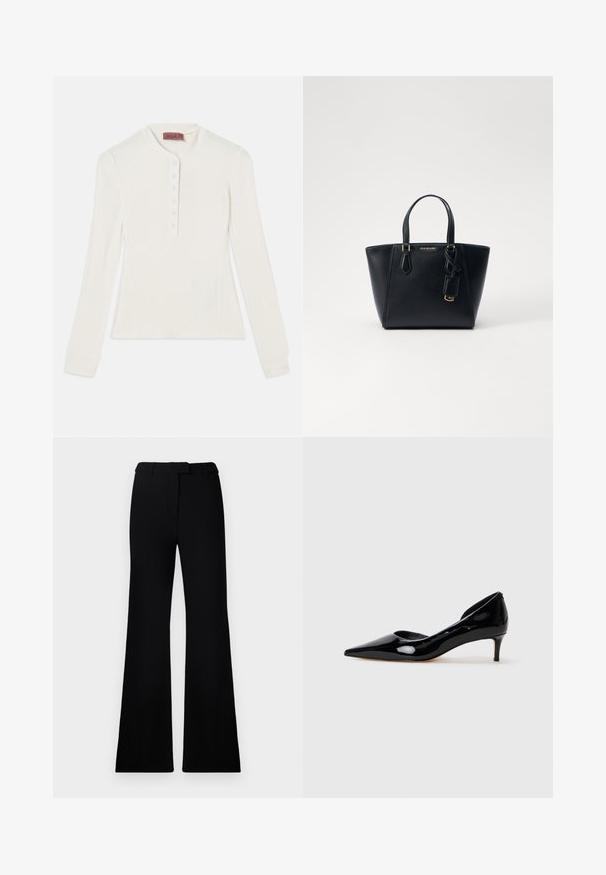 Long-sleeved white ribbed top with a henley neckline and six-button placket, featuring fitted cuffs and a slightly tapered shape.; Black flared pants featuring a smooth texture, tailored waistband, and front pockets, designed with a sleek, modern silhouette.; Black patent leather women's pointed-toe kitten heel shoe with low heel, shown in profile on plain light grey background.; Black leather handbag with a structured shape, short dual handles, gold-tone hardware, and a side tag accessory. Smooth, textured finish.