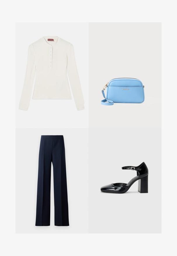 Langærmet hvid ribbet top med henley-uafskærmning og seks-knap placket, der har tætsiddende manchetter og en let afsmalnet form.; Vide benbukser i mørkeblå stof med en glat tekstur, subtile frontfolder og en tætsiddende talje for en strømlinet silhuet.; Sorte patenterede læder højhælede sko med firkantet tå, ankelrem og en kraftig hæl. Inkluderer perforerede detaljer langs kanten.; Lyseblå læder crossbody-taske med hardware i guld tone, lynlås lukning og en frontlomme. Har en justerbar rem for bekvemmelighed.