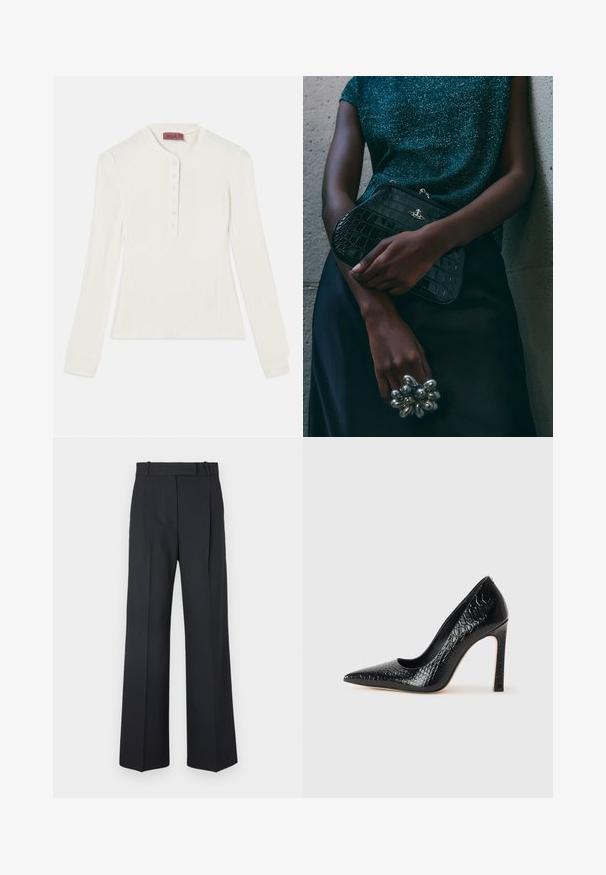 Langarmige witte geribde top met een henley-halslijn en een zesknopenlijst, met aangesloten manchetten en een licht getailleerde pasvorm.; Donkerblauwe pinstriped broek met een hoge taille, wijde pijpen en zonder zichtbare hardware of versieringen. Glad textuur en nauwkeurige pasvorm.; Zwarte puntige hoge hak schoen met een krokodillenleren textuur, met een slank ontwerp, hoge stiletto-hak, en een gladde zwarte binnenkant.; Zwarte clutch met krokodillenpatroon en zilverkleurige hardware, vastgehouden tegen een gestructureerde grijze achtergrond. Heeft een glanzend oppervlak.