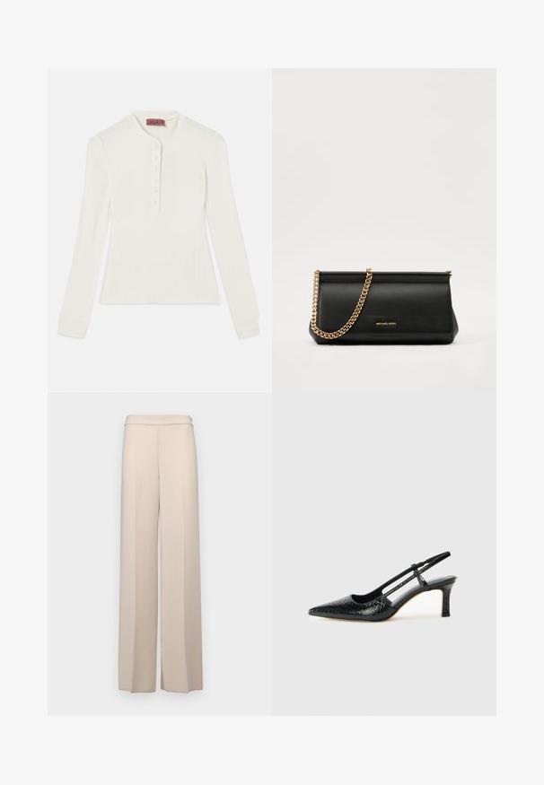 Langermet hvit ribbet topp med henley hals og seks knappestolpe, med tettsittende mansjetter og en lett avsmalnet form.; Beige vidde benbukser i et glatt stoff, med høyt liv og subtile frontfolder. Ingen lommer eller synlige detaljer i metall.; Sorte patent slingback hæl med spids tå, featuring tekstureret slangeskind, justerbar rem og en kort, tekstureret blokhæl.; Svart skinnkuvertveske med en gullkjede-rem, med en glatt tekstur, rektangulær form og preget merkevare på forsiden.