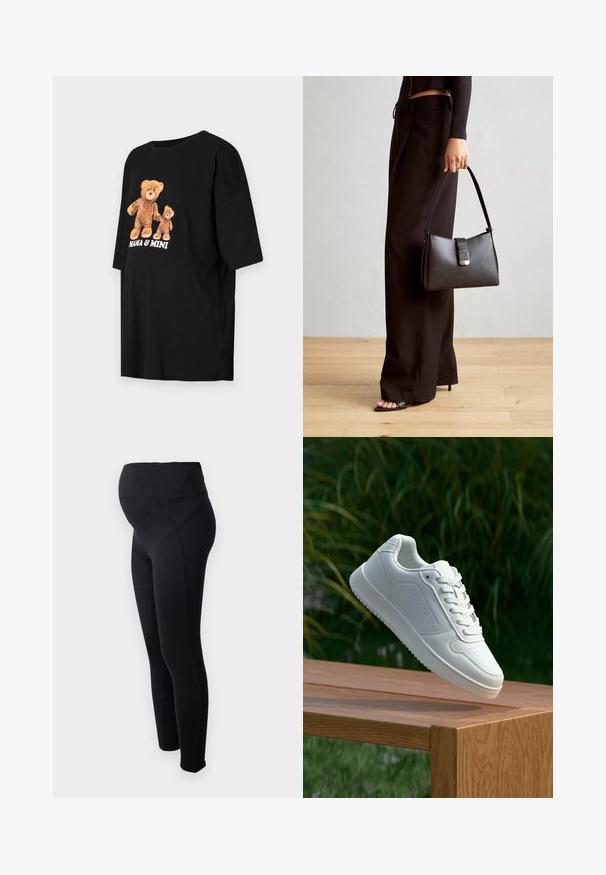 ONLY MATERNITY OLMPOP JOYFULL O NECK TEE - Apdrukāts T-krekls - black; Melni grūtniecības legingi ar augstu jostasvietu, izgatavoti no elastīga materiāla. Piedāvā gludu tekstūru un pieguļošu dizainu ērtībai.; Baltie sporta apavi ar gludu sintētisku augšpusi, perforētu pirkstu daļu, plakani šņorēm un rakstainu zoli, novietoti uz koka virsmas.; Melnā somiņa ar strukturētu formu, gludu tekstūru un metālu sprādzi. Saskaņota ar platām melnām biksēm un sandālēm ar atvērtu purngalu uz koka grīdas.