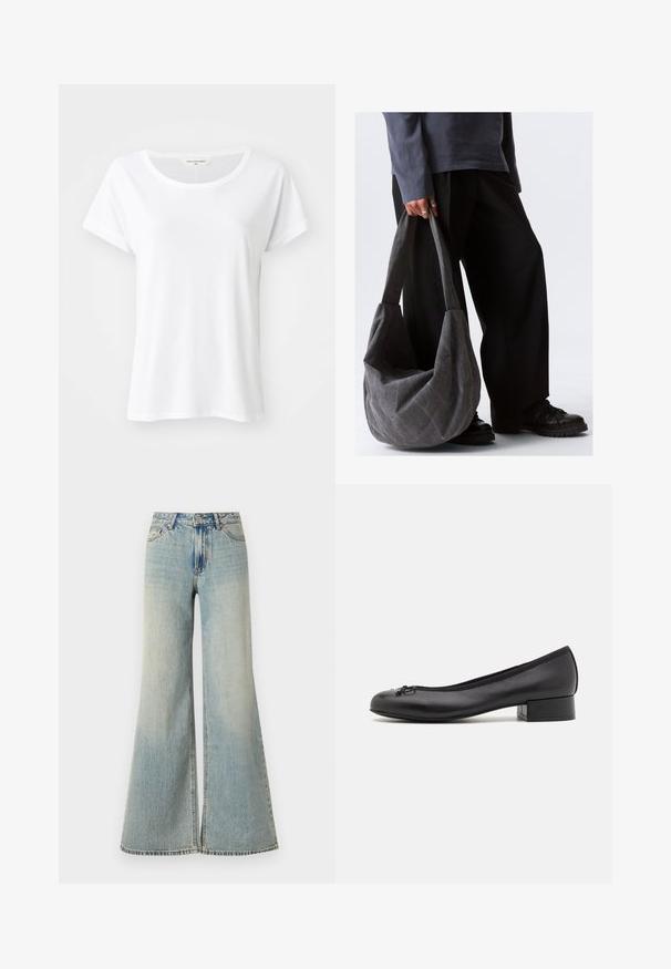 Valge lühikese varrukaga t-särk ümmarguse kaelusega, valmistatud siledast kangast, kerge ja lõdva istuvusega, ilma nähtavate mustrite või kaunistusteta.; Heledad sinine laiad püksid kõrge taljega, millel on pleekinud viimistlus, esiküljel taskud ja jalge all väike lõhenemine.; Mustadast mustad nahast ballett-sandaalid väikese ristkülikukujulise kontsaga, ümarate varvastega, dekoratiivse paelte detailiga ja avamisel elastse äärisega.; Hallide hall fabricï õlakott, millel on lõtv kuju, sile tekstuur ja laiad rihmad. Kotti hoiab tumedates pükstes isik.