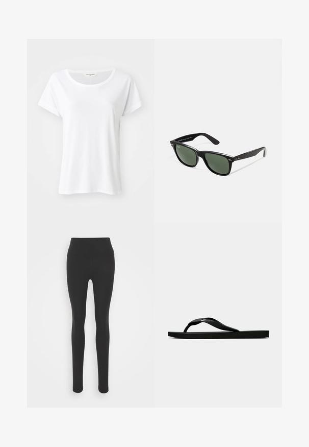 Biała koszulka z krótkim rękawem, okrągłym dekoltem, wykonana z gładkiego materiału, charakteryzująca się lekkim i luźnym krojem, bez widocznych wzorów czy ozdób.; Czarne legginsy z wysokim stanem, wykonane z gładkiego, elastycznego materiału. Charakteryzują się dopasowanym krojem i pełną długością nogawek.; Czarne gumowe klapki z teksturowanym paskiem i prostą płaską podeszwą, przedstawione z boku na jasnym jednolitym tle.; Czarne plastikowe okulary przeciwsłoneczne z zielonymi szkłami, kwadratowe oprawki, srebrny akcent na brwi oraz fakturowane ramiona temple. Nazwa marki podana na wewnętrznej stronie ramion.; Liebeskind Berlin KAYLA czarny; Srebrny naszyjnik z łańcuszka z centralnym, ośmiokątnym, ciemnobrązowym kamieniem tygrysiego oka o gładkiej powierzchni. Kamień jest lekko błyszczący.