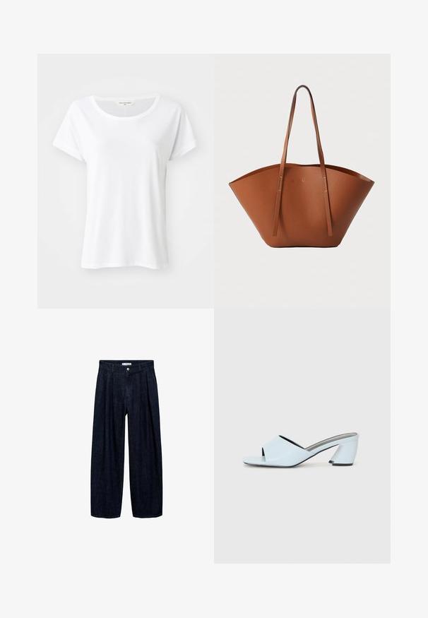 Bela kratka majica s kratkimi rokavi in okroglim izrezom, izdelana iz gladkega materiala, z lahkotnim in ohlapnim krojem, brez vidnih vzorcev ali okraskov.; Temne traper hlače širokega kroja z naborki na pasu, z sprednjim gumbom in zankami za pas. Gladka tekstura in dolga zasnova.; Svetlo modre sandale na peto z odprtim prstom in geometrijskim vzorcem, ki imajo širok trak čez nogo in masiven, kotni višji del.; Rjava usnjena torba tote z široko, strukturirano obliko, tankimi ročaji in teksturirano površino. Opremljena je z minimalističnim oblikovanjem brez vidne opreme.
