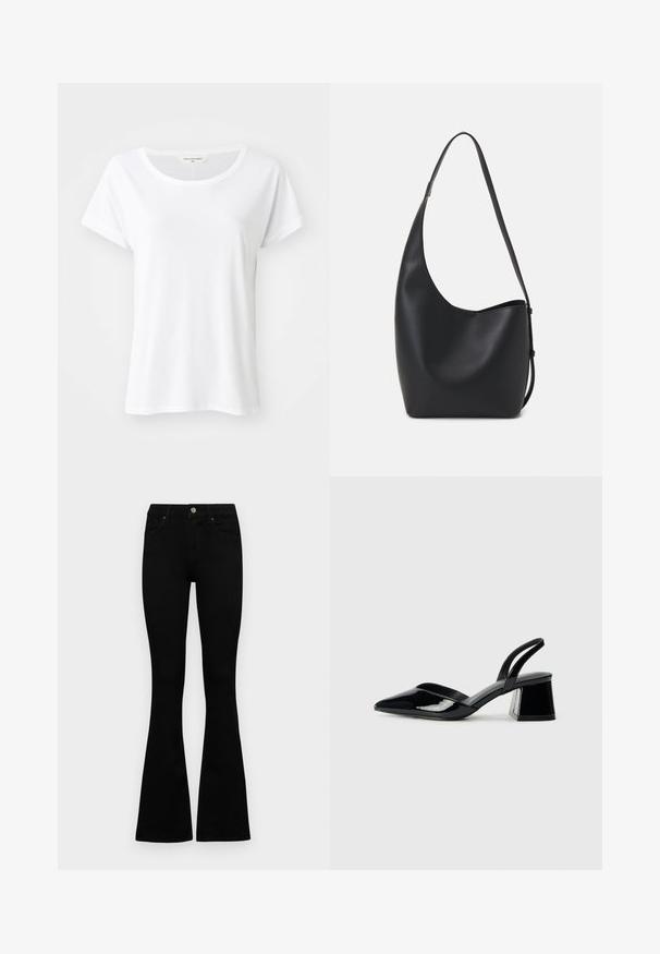 Fehér, rövid ujjú póló, kerek nyakkivágással, sima anyagból készült, amely könnyű és laza fazonú, látható minták vagy díszítések nélkül.; Fekete, magas derekú farmernadrág gomb- és cipzárzárral, elülső zsebekkel és harangszárral, laposan egy fehér háttérre terítve.; Fekete lakk bőr szandálkés magas sarkú cipő, hegyes orral és geometrikus tömbsarkakkal. Karcsú, minimalista dizájn és sima textúra jellemzi.; Fekete bőr hobo táska sima textúrával, ívelt formával és egyetlen állítható pánttal; széles nyílás található a tetején.