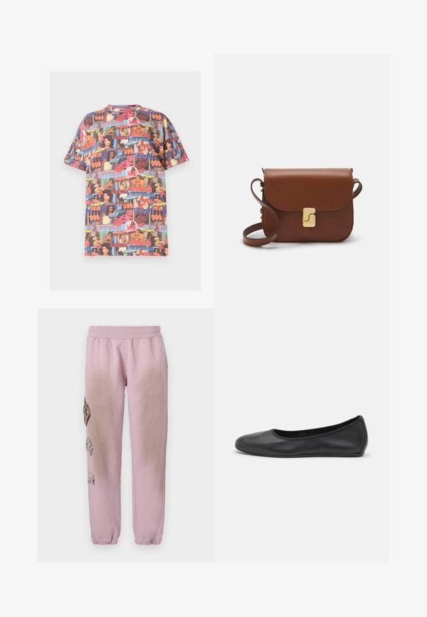 Kortærmet T-shirt i bomuld med et flerfarvet collage-design med billeder, biler og tekst. Rund halsudskæring, afslappet pasform.; Lyserøde sweatpants med elastisk talje, prydet med dekorative patches i diamantform på venstre side og elastiske manchetter ved anklerne.; Sort læderballetsko med rund tå, glat tekstur, minimal syning og et fleksibelt såldesign.; Brun læder håndtaske med flaplukning, hardware i gyldent tone, en skulderrem og en glat overflade. Kompakt rektangulær form.
