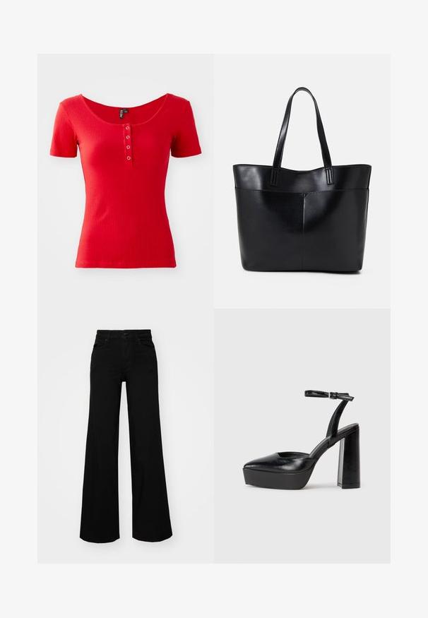 T-shirt curto de mangas curtas em vermelho, com decote amplo em forma de barco e detalhe frontal de botões, apresentando dois botões de metal. Textura suave, design ajustado.; Calças largas pretas em denim, com uma cintura estruturada, passantes para cinto e bolsos frontais. Textura suave com um design clássico.; Saltos altos pretos com bico fino e atilho ajustável no tornozelo. Confeccionados em couro suave, apresentam um salto bloco robusto.; Bolsa tote preta em couro com duas alças longas, textura suave e forma estruturada. Apresenta um bolso frontal para armazenamento adicional.