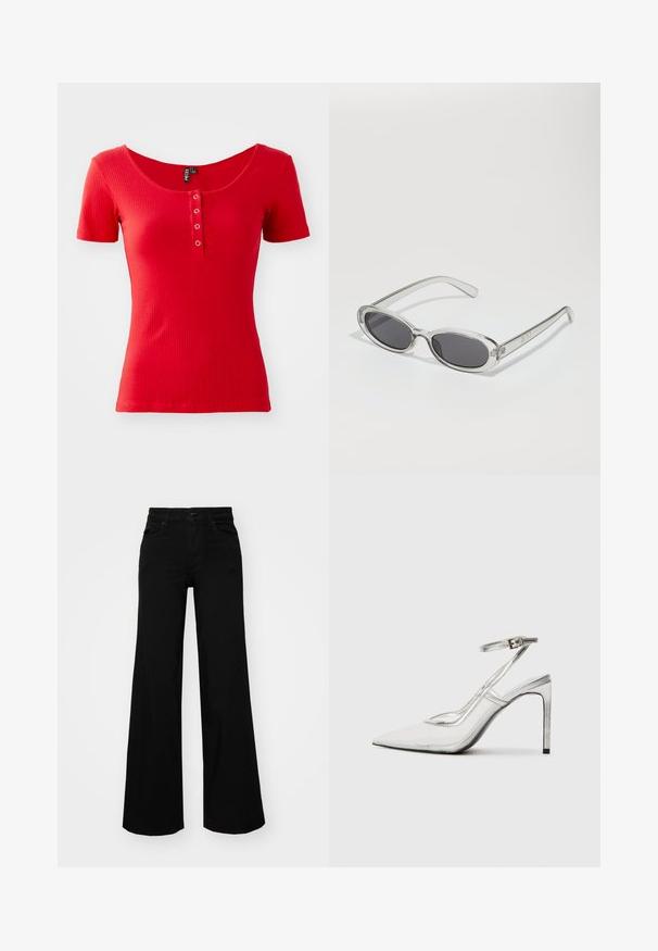 Red ribbed short-sleeve t-shirt with a wide scoop neckline and front button detail featuring two metal buttons. Soft texture, fitted design.; Black wide-leg pants made of denim, featuring a structured waistband, belt loops, and front pockets. Smooth texture with a classic design.; Clear stiletto heel shoe with a pointed toe, transparent material, metallic silver accents, and adjustable ankle strap.; Sunglasses with an oval shape, clear plastic frame, dark gray lenses, and thin transparent arms featuring logo accents and minimal detailing.