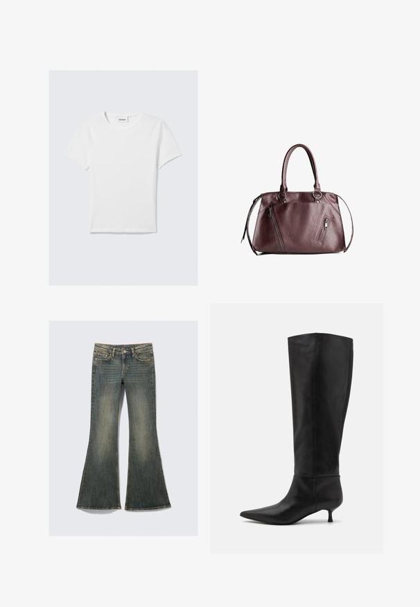 White short-sleeve T-shirt made of cotton. Features a crew neck, a plain design, and a logo label at the neckline. Smooth texture.; Flared denim jeans in a faded blue color with a classic five-pocket design, featuring a slight texture and visible stitching accents.; Knee-high black leather boots with a pointed toe and a kitten heel. Smooth texture and minimalist design without visible hardware or accents.; Burgundy leather handbag with dual handles, textured surface, side zip pockets, and a structured shape. Features silver-tone hardware accents.