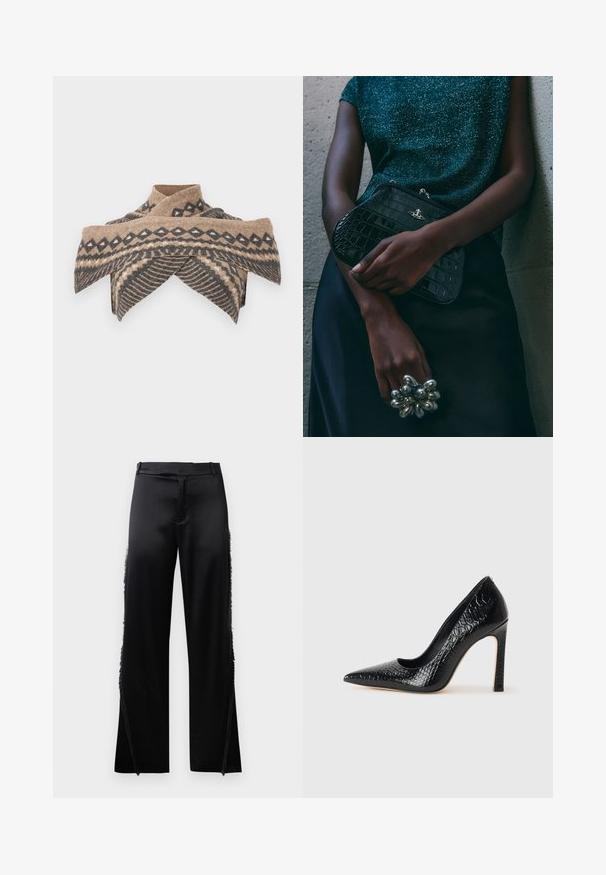 Bežinė ir tamsiai pilka vilnos skara, turinti trikampių ir bangų raštus, su kryžmine apykakle ir švelniu tekstūru.; Juodos satino kelnės su plačiomis kojomis, kurių šoninėse siūlėse yra kutai, o priekyje – plokščias juosmuo. Paprastas galas be kišenių.; Juoda smailiakulnė aukšto kulno bateliai su krokodilo odos tekstūra, pasižymintys elegantišku dizainu, aukštu stiletu kulnu ir lygia juoda vidine dalimi.; Juodas krokodilo odos rašto vakarėlis su sidabriniais aksesuarais, laikomas prieš tekstūruotą pilką foną. Pasižymi blizgiu paviršiumi.