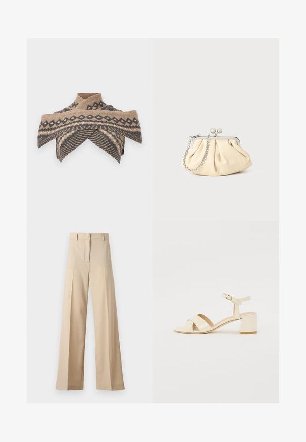 Fular din lână bej și gri închis, cu modele triunghiulare și valuri, prezentând un design cu guler încrucișat și textură moale.; Pantaloni bej cu picioare largi, confecționați dintr-un material neted, cu un front plat și plisse, fermoar la șold și curea. Croi adaptat pe tot corpul.; Sandale cu toc din piele patent bej, cu un design cu curea încrucișată, vârf deschis, curea ajustabilă la gleznă și toc pătrat. Textură netedă.; Clutch din piele plisată bej, cu un cadru din metal argintiu, având două închideri decorative rotunde și o curea din lanț argintiu.