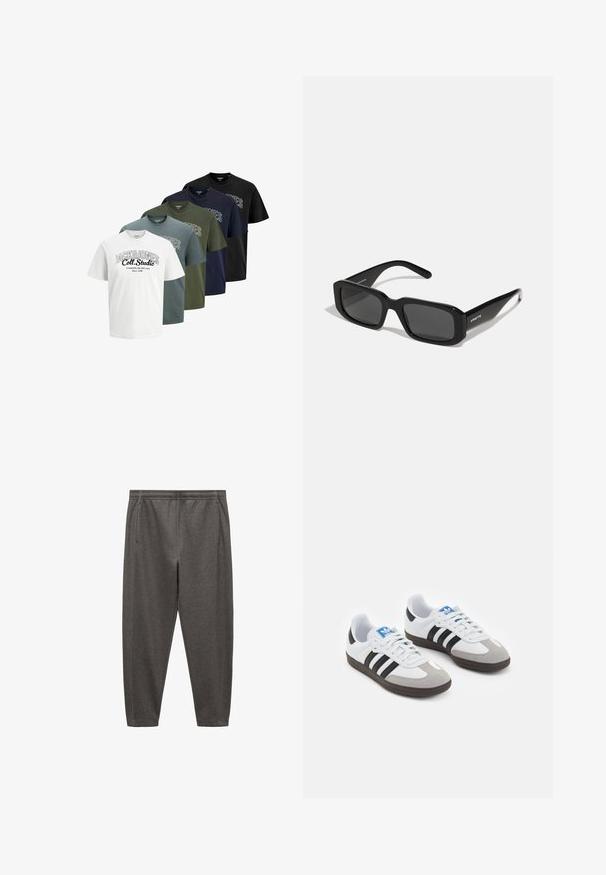 Päť poskladaných tričiek s krátkym rukávom a okrúhlym výstrihom v bielej, modrej, zelenej, námorníckej a čiernej farbe, s potlačou "JACK & JONES Coll. Studio" na prednej strane.; Sivé jogger nohavice vyrobené z mäkkého materiálu, s elastickým pásom, bočnými vreckami a zúženým strihom nohavíc.; Športové topánky s bielym koženým zvrškom, šedou semišovou špičkou a tromi čiernymi pruhmi. Obsahujú modré logo na jazyku a štruktúrovanú gumovú podrážku.; Arnette THEKIDD UNISEX - Slnečné okuliare - black