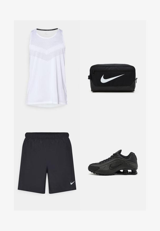 Hvid trænings tanktop med rund halsudskæring, der har et tekstureret mønster over brystet og åndbart materiale. Uden ærmer.; Sorte atletiske shorts lavet af letvægtsmateriale med en elastisk talje. Har et lille hvidt Nike-logo i nederste venstre hjørne.; Sorte løbesko med en glat syntetisk overdel, perforerede detaljer, teksturerede sidedele og en distinkt fjedrende sål.; Sort Nike toilettaske med en glat overflade, der har et hvidt swoosh-logo, topziplukning og en sidelomme.