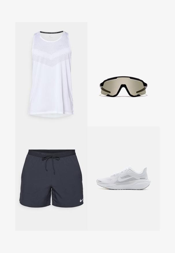 Hvid trænings tanktop med rund halsudskæring, der har et tekstureret mønster over brystet og åndbart materiale. Uden ærmer.; Nike løbeshorts, mørkegrå, elastisk talje med snor, sidelommer, letvægtsstof, med et hvidt Nike-logo på nederste kant.; Hvide atletiksko med en overdel i mesh, glatte teksturerede overlejringer, grå accenter, snørebånd og en polstret sål designet til ydeevne.; Sorte sporty solbriller med store ombrydende grøntonede linser, der har et kantet design og klare sideaccenter. Mærkning synlig på toppen.